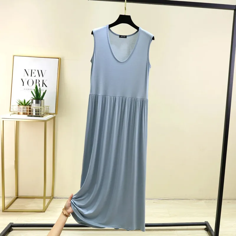 Plus Size L bis 6XL Damenkleid Modal Ärmelloses Tankkleid Plissiertes Schlafkleid Mittellange Taillenschlankungskleider Lockere Homewear — image 14