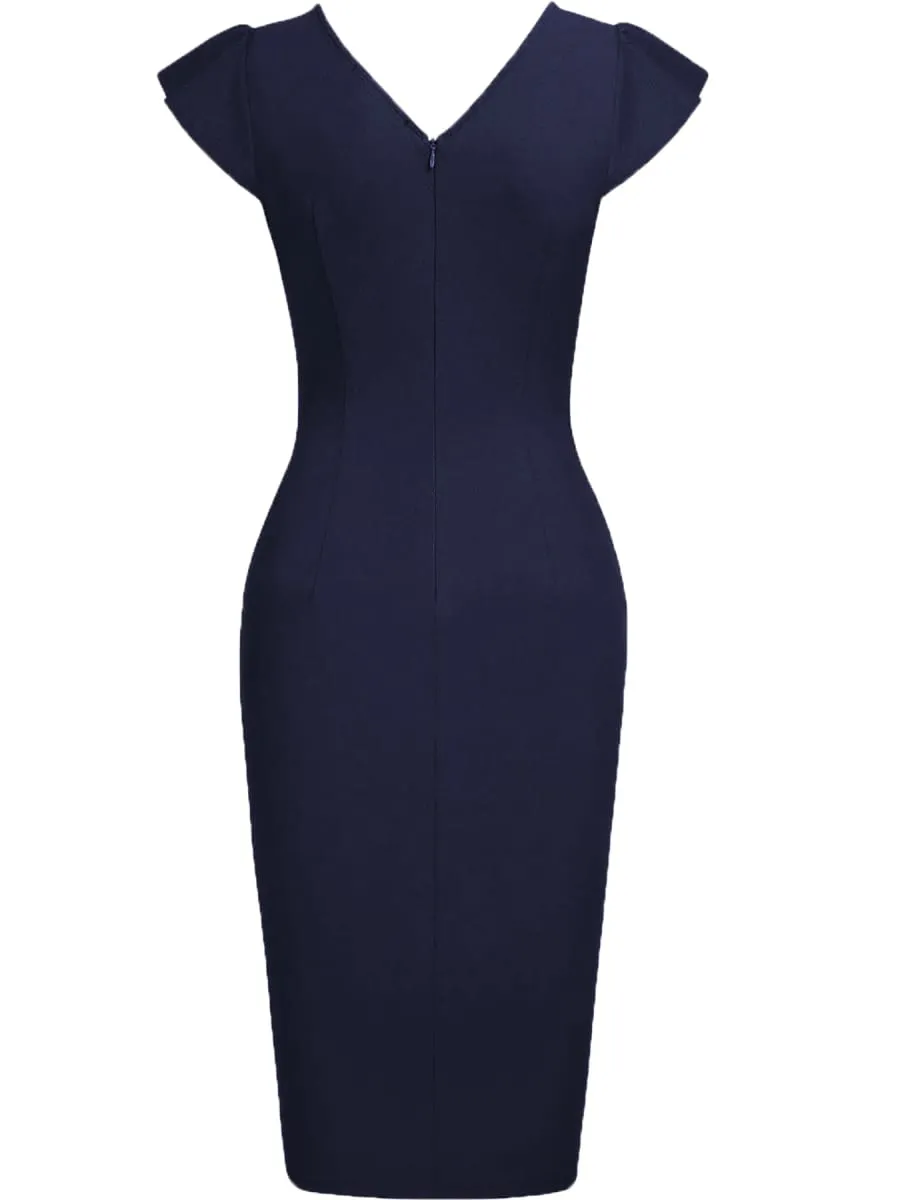 Women's Elegant V-Neck Short Sleeve Summer Cocktail Evening Party Knee-Length Dress Pleat Bodycon Robe Vestido