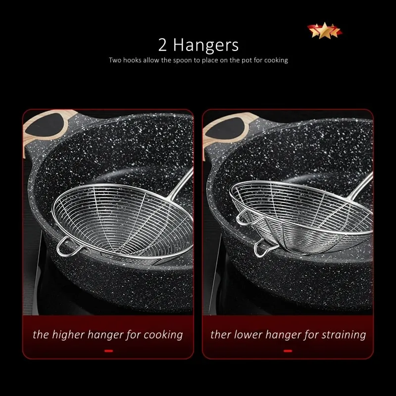 LFGB Certification 304 Stainless Steel Kitchen Cooking Colander Ultra Durable Wire Sieve 14~18cm Diameter Frying Scooping Tool