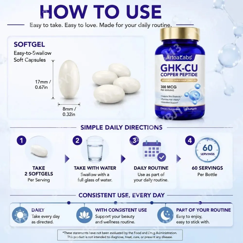 ArtoaLabs GHK-Cu Copper Peptide 300mcg Supplement Advanced Skin Hair Complex with Hyaluronic Acid Biotin Daily Wellness Adluts