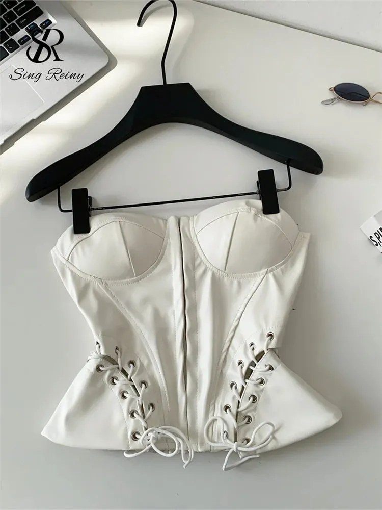 PU Leather Sensual Club Bustier Strapless Slim Lace Up Shirred Backless Camis Female Edgy Streetwear Fashion Tank Tops