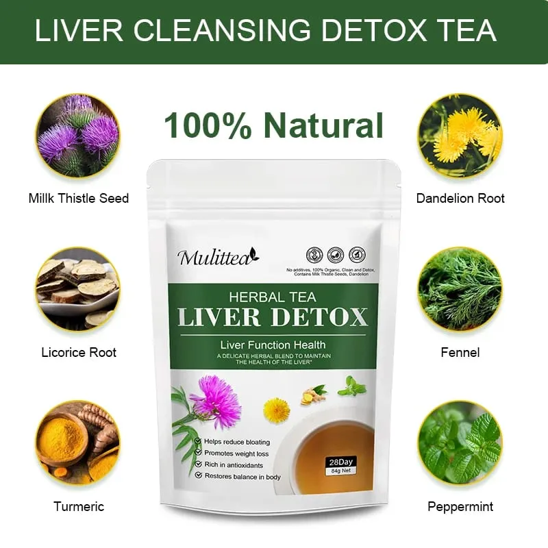 Mulittea 100% Natural Liver Cleansing Detox Drink 6 IN 1 Herbal Formula Support Liver Function Health and Healthy Skin Whitening