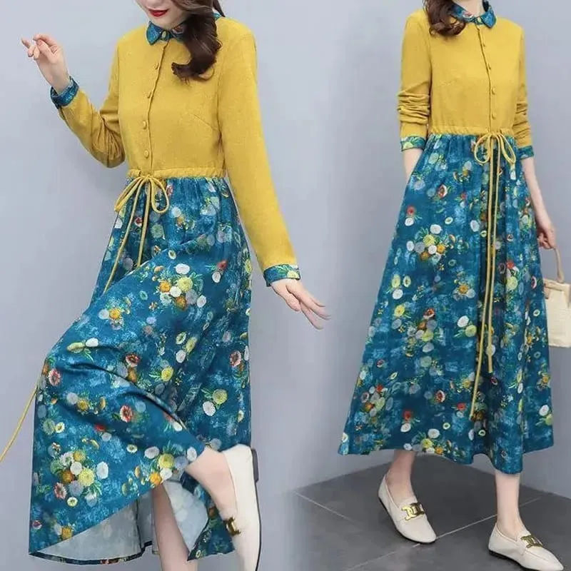 Pambabaeng Damit Mga Kaswal na Naka-print na Dress Spring Autumn Bagong Single-breasted Fashion Turn-down Collar Commute Drawstring Long Dress