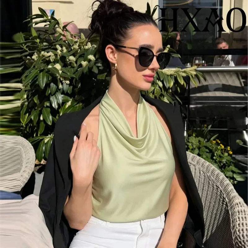 Women's Tanks Halter Top Women Sleeveless Green Crop Tops Summer Satin Party Evening Top Backless Sexy White Black Top