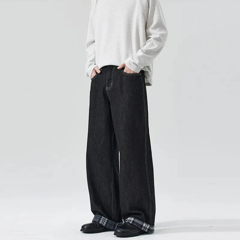 Men's Denim Black Jeans 2026 New American Style Trendy Plaid Bottoms Patchwork Raw Long Pants Loose Straight Trousers X2560