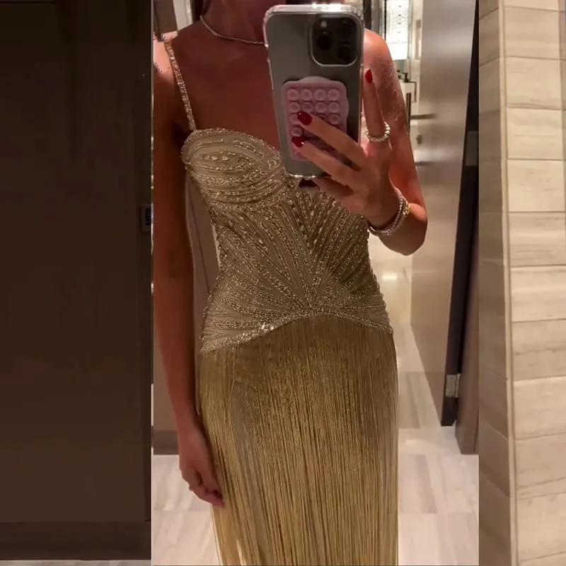 Sexy Wrap Chest Sleeveless Hollow Tassel Dress Fashion Backless Slim Fit Evening Gown Shiny Sequined High Waist Women Long Dress