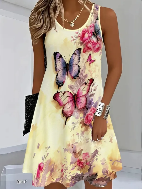 2026 Summer Women's Sleeveless Dresses Knee-Length Round-Neck Dresses Beach and Vacation Casual Dresses Printed Women's Dresses