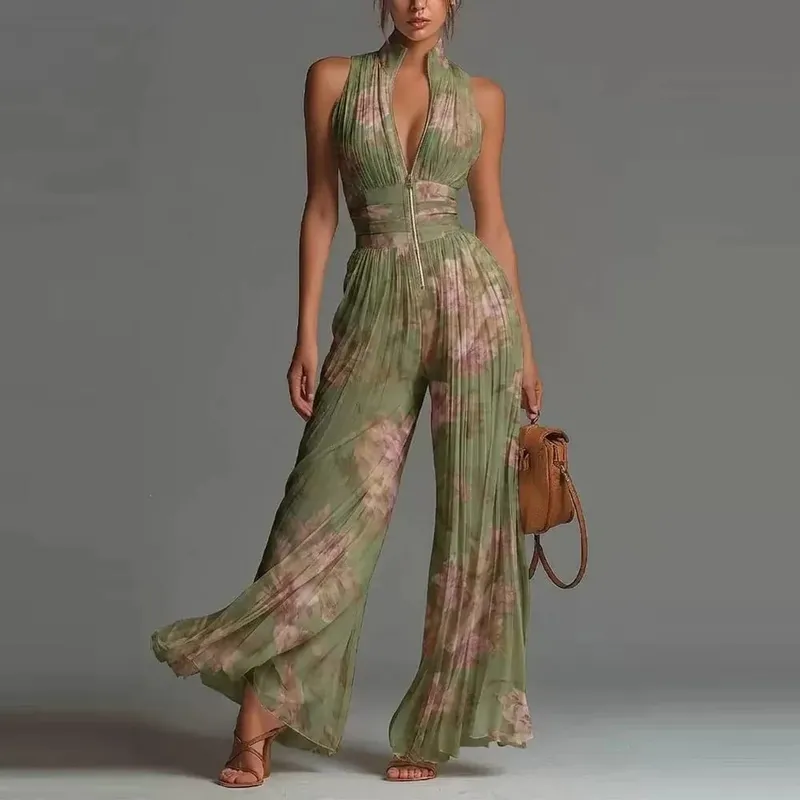 Elegant Halter Off Shoulder Hollow Party Woman Retro Floral Print Chiffon Long Vintage Boho Sleeveless Summer Beach Dresses