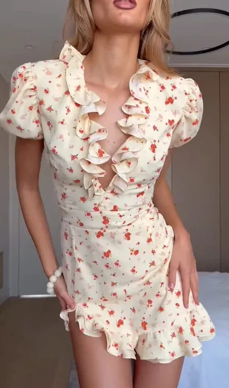 Women Chic Floral Print Bodycon Dress Holiday v-neck Pleated Patchwork Flared Sleeve Ruffle 2026 Summer Casual Latest Vestidos
