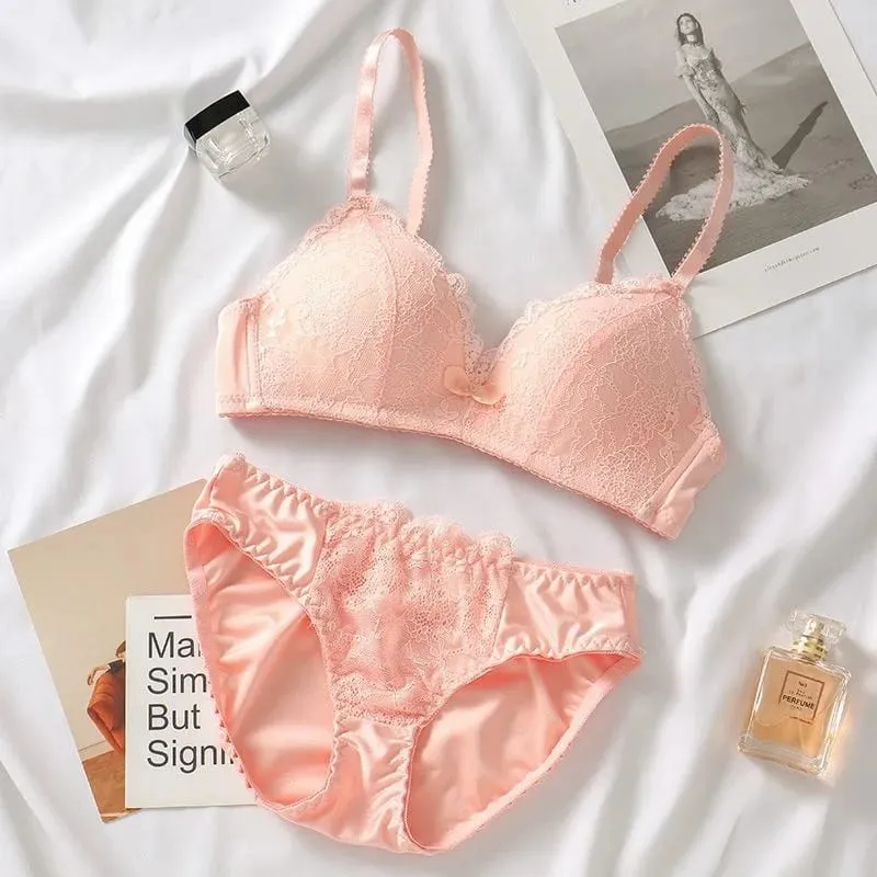 Women Lace Lingerie Set 32‑40ABC Cup Bow Decor Soft Comfort No‑Wire Bra And Briefs Breathable Intimate Underwear Suit