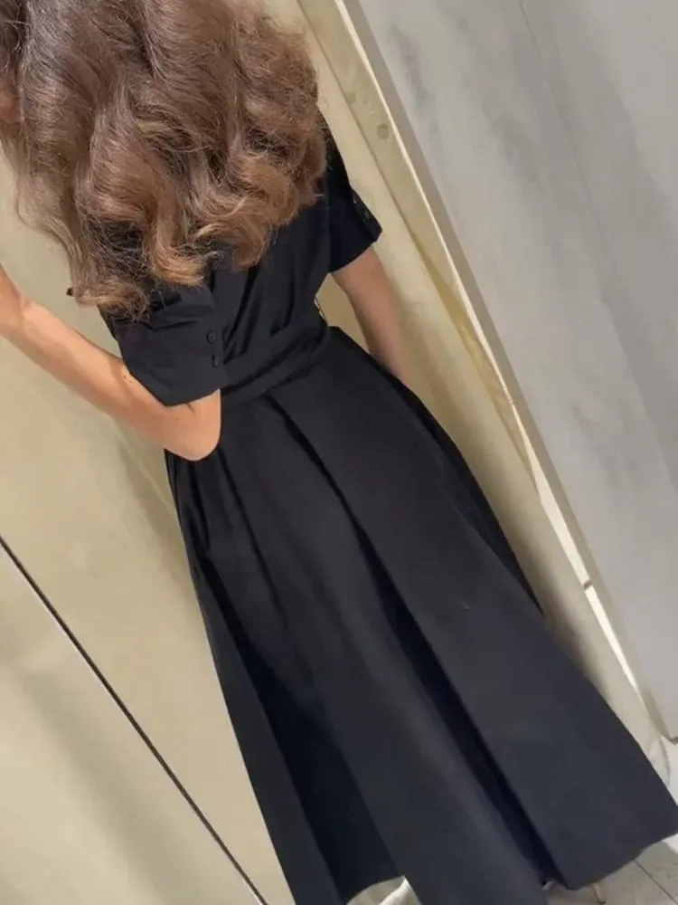 Gaun Midi Kerah Lengan Pendek Elegan untuk Wanita Gaun Panjang Pinggang Kancing Sebaris Solid Chic Wanita Gaun Pesta Malam Liburan Vestidos