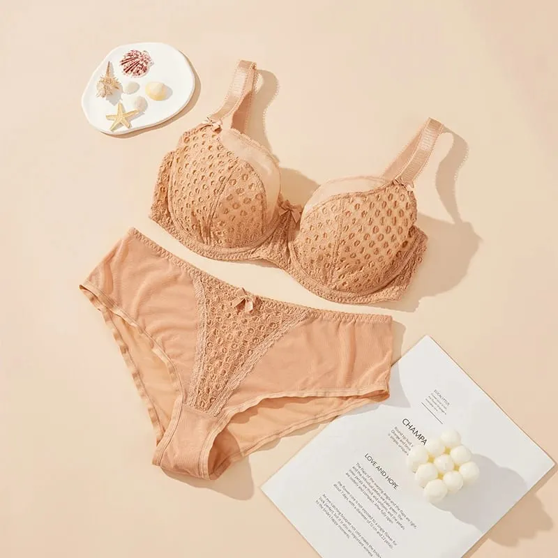 Women Curvy Plus Size Polka Dot Mesh Lace Bra Panty Set Underwire Support Full Figure Big Cup E F G H I Breathable Lingerie 2pcs