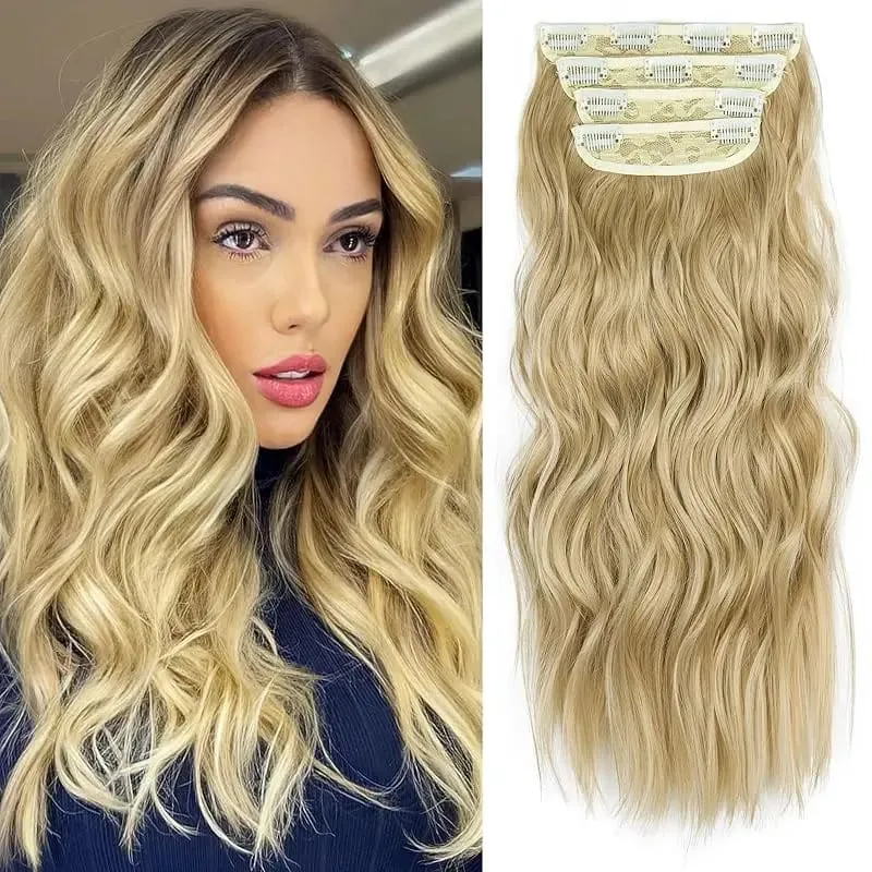 Black 20 Inch 4pcs Thick Hairpieces Long Wavy Natural Synthetic Clip in Hair Extensions for Women