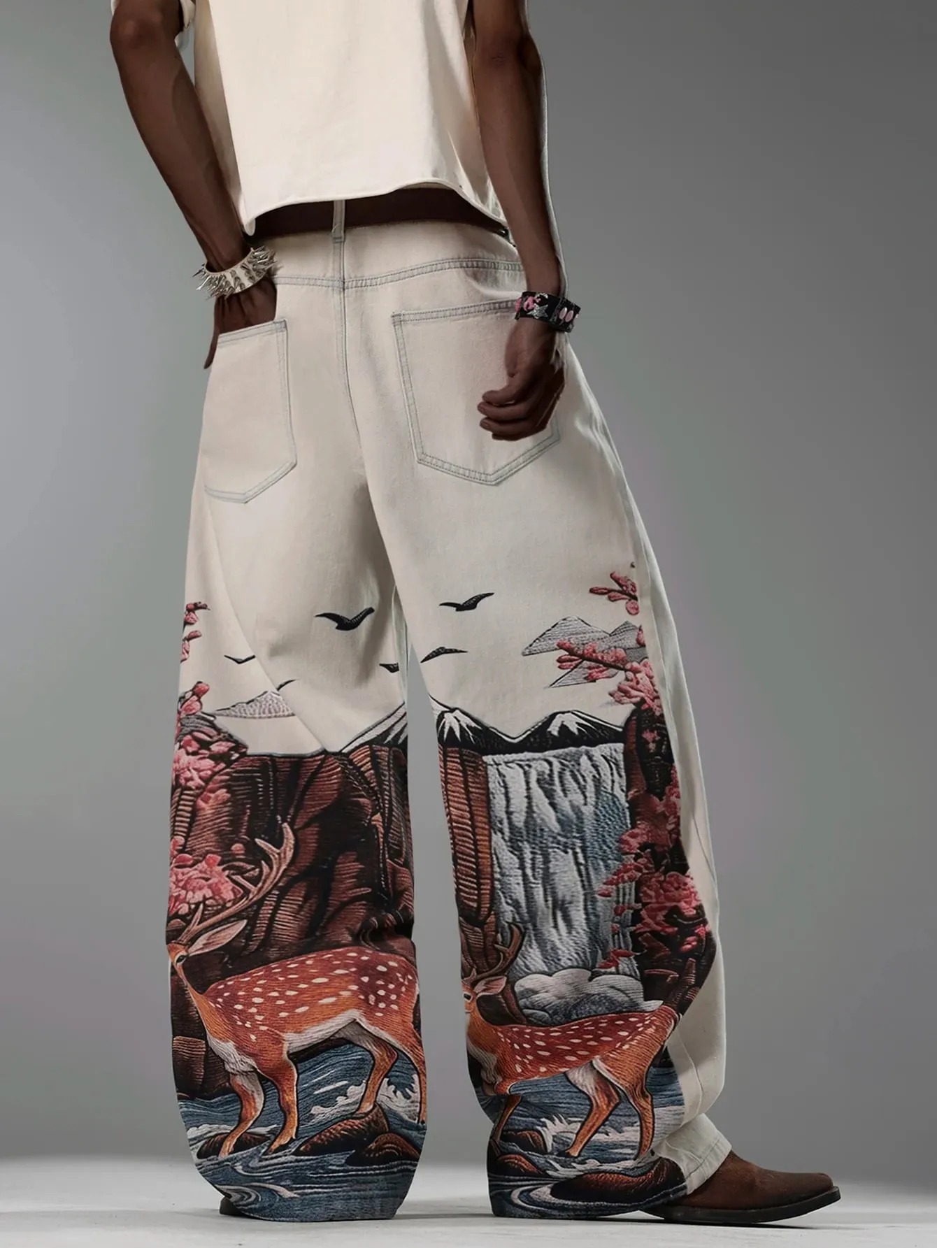 American Retro Art Natural Print Light Gray Baggy Jeans Man y2k Street Trend Fashion Versatile Straight-Leg Wide Pants