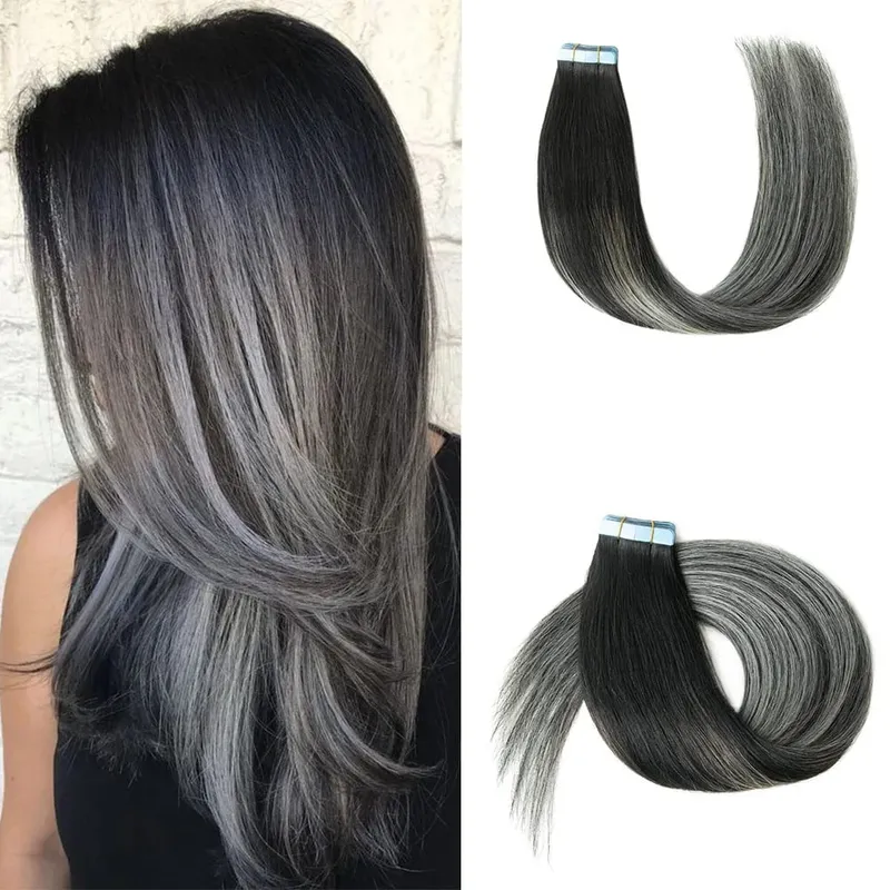 Fita balayage longa e reta em extensões de cabelo, cabelo humano real, sem costura, trama de pele, fita pu, cabelo natural, preto, marrom, loiro, 20 peças