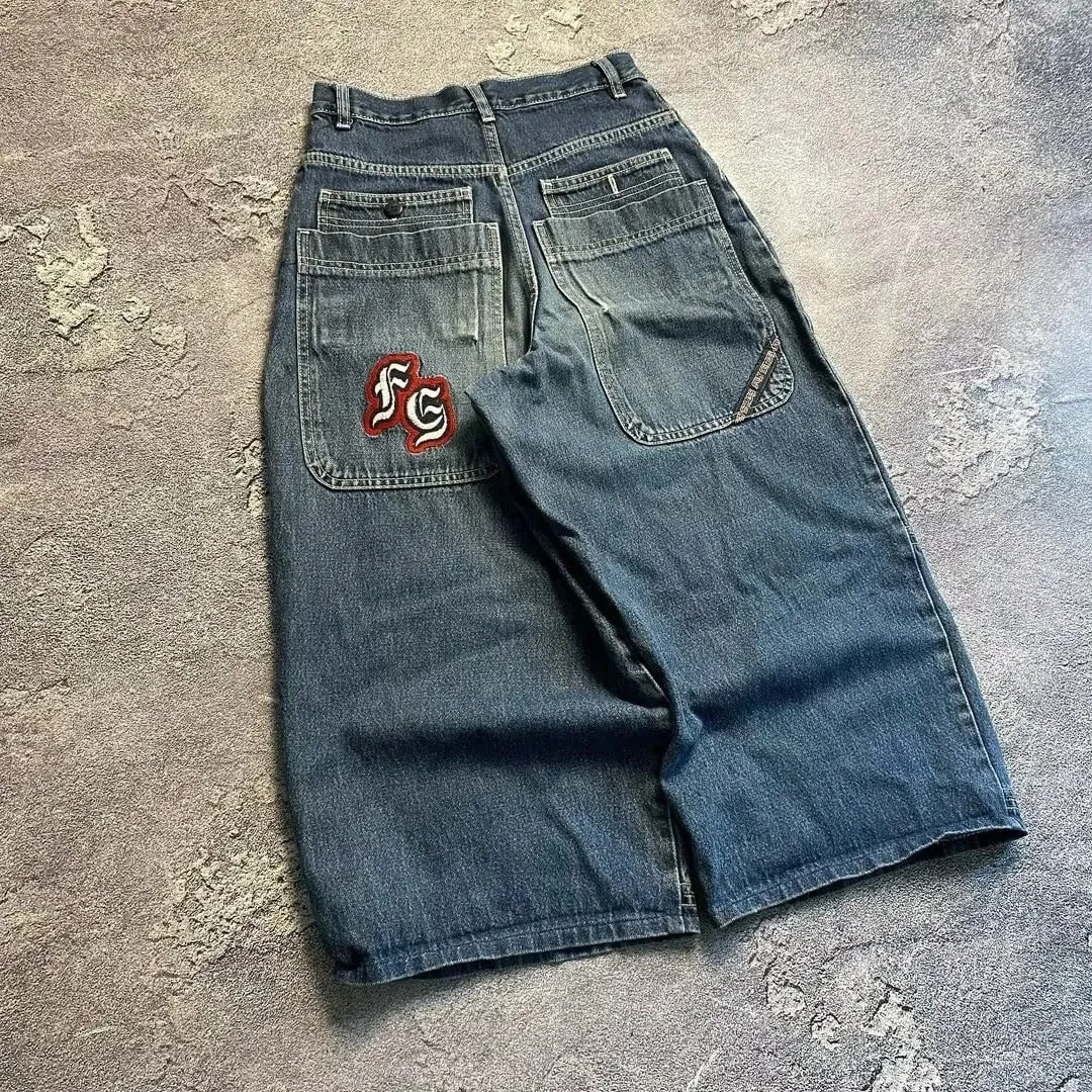 American Y2K Hip Hop Fashion Trend Skull Embroidery Spot Jeans Men Street Loose Straight Wide-leg Pants Couple Oversized Jeans