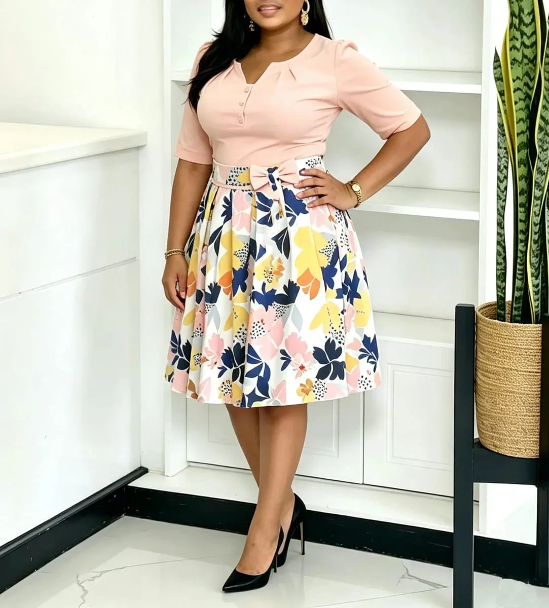 2026 AUTUMN NEW WOMEN SHORT SLEEVE PRINTED COLOR‑BLOCK SPLICING BIG SWING DRESS