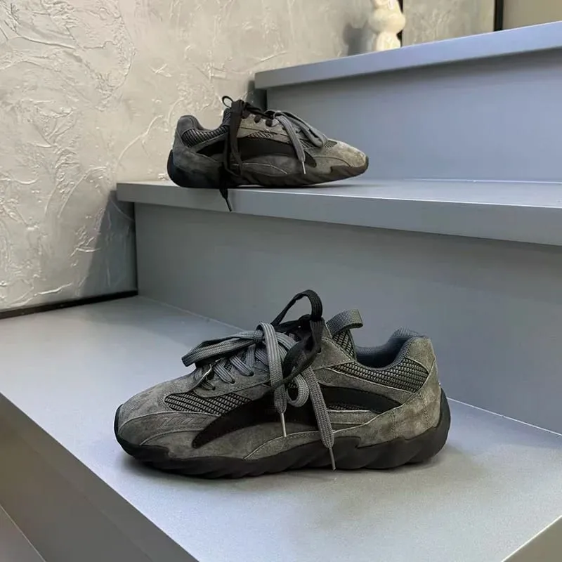 Vintage Black Thick-soled Patchwork Sneakers Mens Casual Spring Breathable Jogging Shoes Low-top Lace-up Sporty Summer Shoes