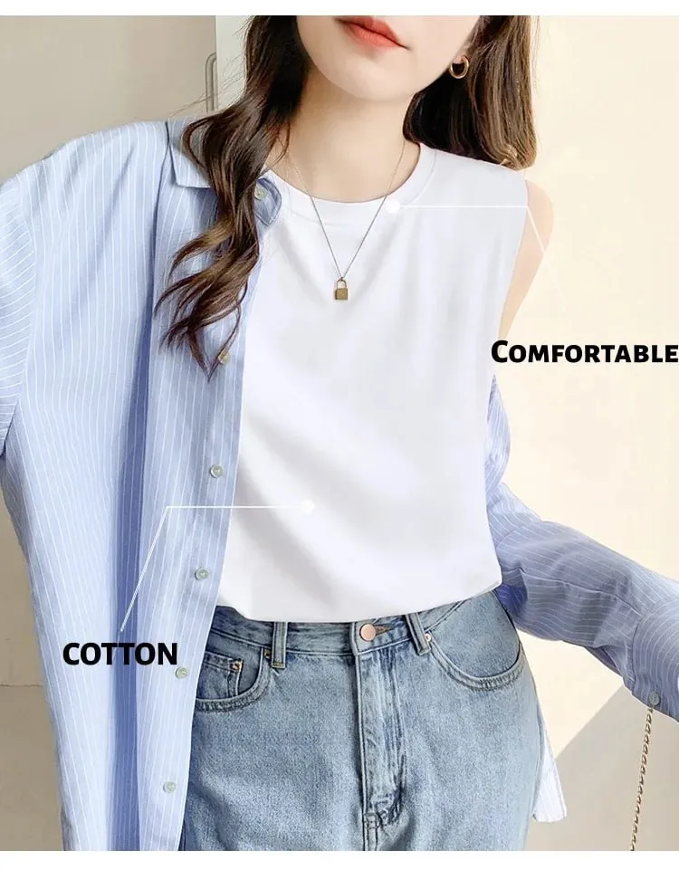 Simple Cotton Sleeveless Tank Top for Women—Classic Loose-Fitting Casual Base Layer Summer Round-Neck Base Layer T-Shirt Brea