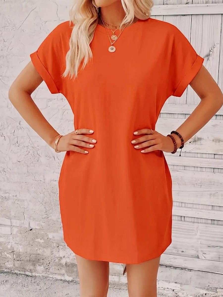 Women Summer Casual Loose Solid Color Mini Dress Short Sleeve O-Neck T-shirt Dresses With Pockets Fashion Elegant Basic Robes