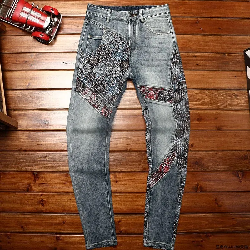 Stitching Embroidered Jeans Men's Contrast Color Fashion Stretch Slim Fit Skinny Personality Trend Fashion Motorcycle Trousers