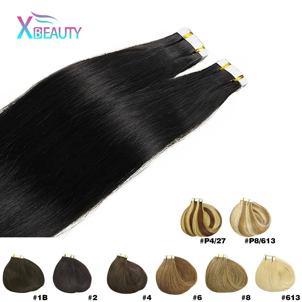 Straight Tape In Hair Extensions Adhesive Invisible Seamless 100% Human Hair 20pcs/50g Replaceable Glue Tape ins Natural Black