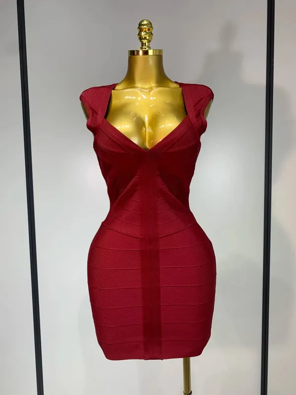 Women Sexy Sleeveless Deep V-neck Bodycon Mini Bandage Dresses Elegant Evening Party Luxury Birthday Club Prom Gown