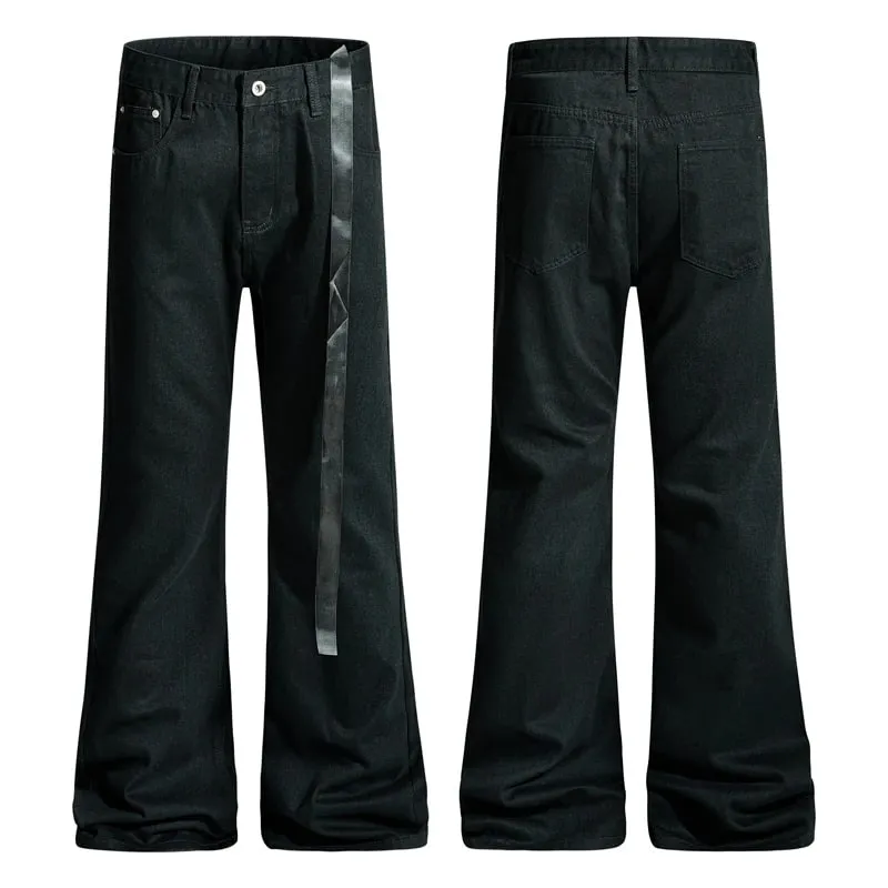 Vintage Washed Black Slim Fit Flare Jeans Long Ribbon Y2k Streetwear Casual Skinny Bell Bottom Jeans Distressed Fashionable