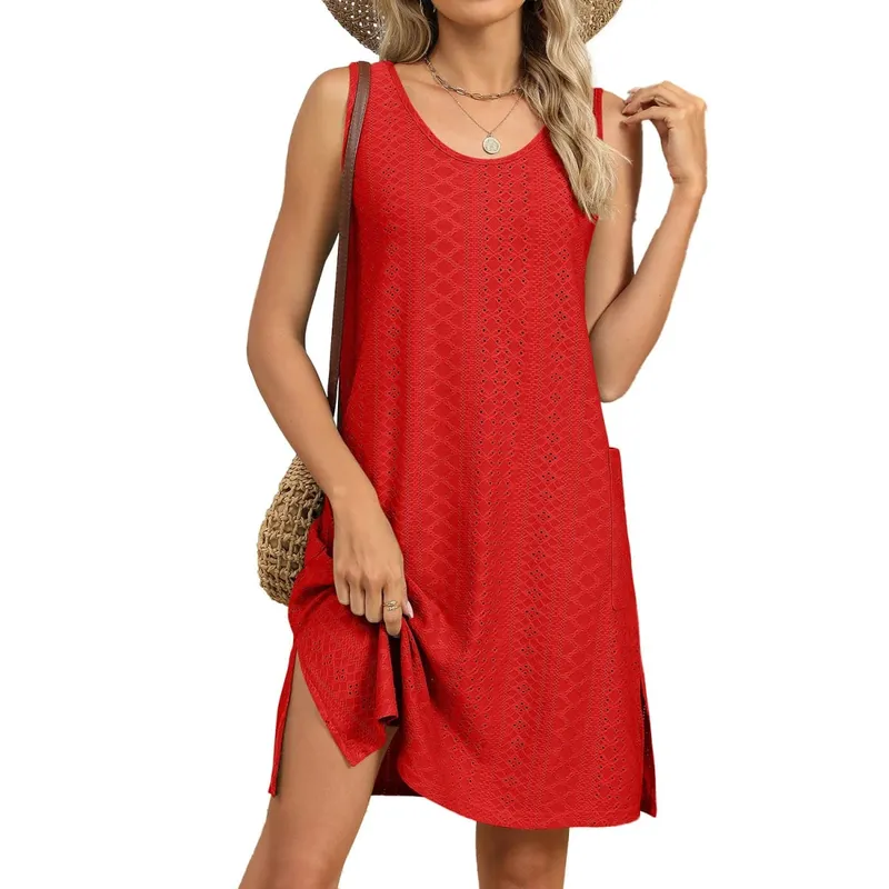 Summer Women's Dress Knit Midi Dresses Sleeveless Round Neck Casual Dress Eyelet Lace A Line Dress Pastel Blue For Woman
