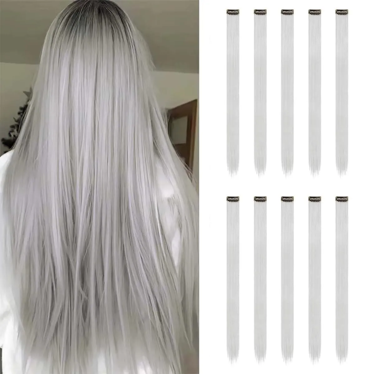 Syntetisk 10PCS Clip in Hårförlängningar för kvinnor Flickor Barn Färgade Fest Höjdpunkter Extensions Flerfärgade rakt hår