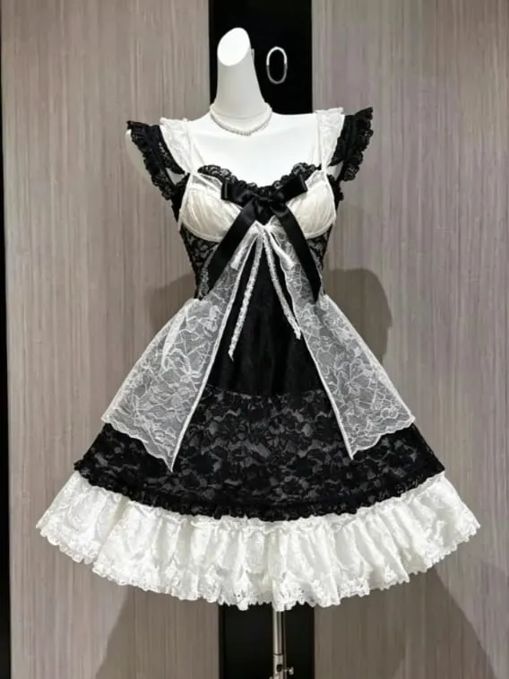 Japanese Style Sweet Lace Bow Kawaii Lolita Dress Women Vintage Ruffles Cake Dresses Harajuku Y2k Slim Bandage Dress 2026 Summer