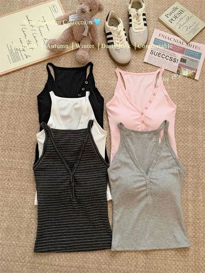 zjaiss Fashion Slim Fit Tank Top 2026 Summer V-neck Button Women Cami With Built-in Bra Pad Casual Basic Inner Top