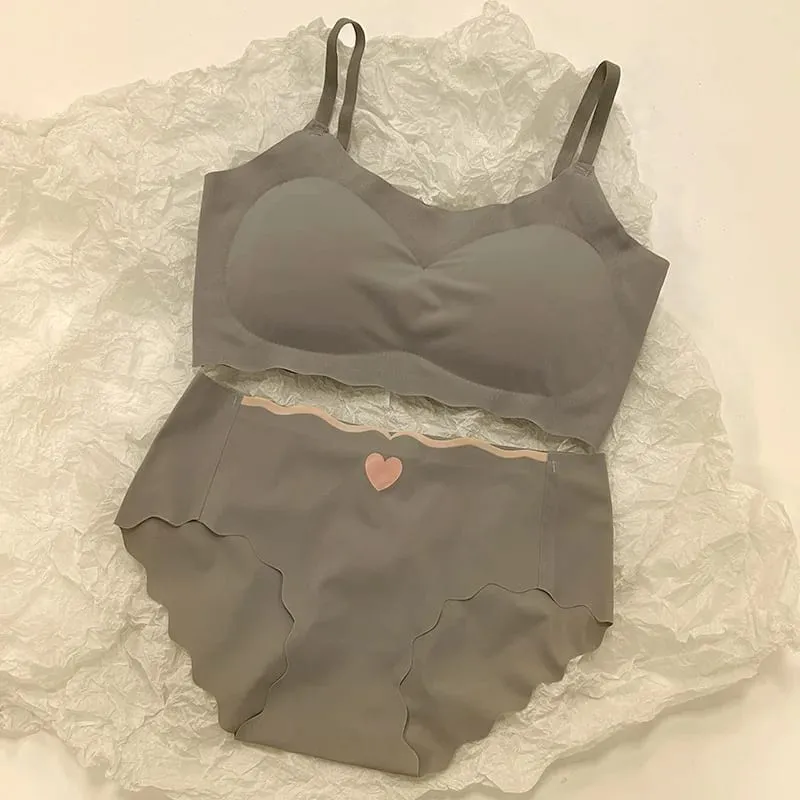 Women's Seamless Bralette Set Wireless Push Up Bra with High Waist Panty Cute Heart Embroidery Lingerie Set for Daily Wear