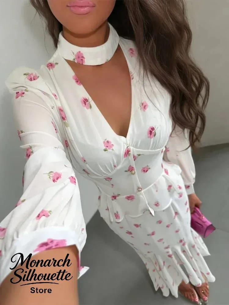 White Pink Floral Choker Neck Dress Women Elegant V-neck 3/4 Sleeves Peplum Ruffle Hem Long Dresses 2026 Lady Daily Vestidos New
