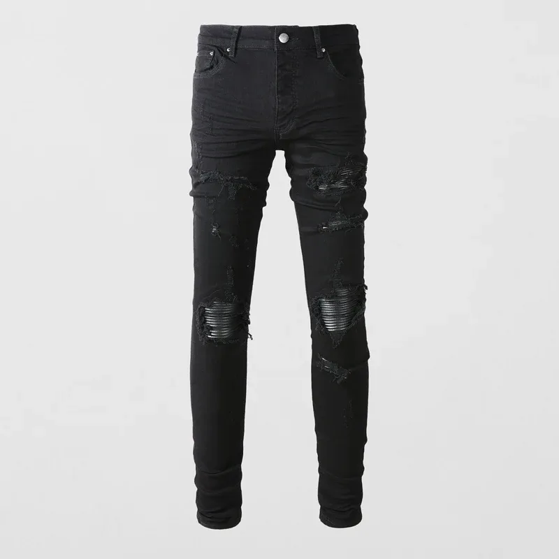 Fashionable New Men's Retro Blue Jeans With Pleated Elastic Perforated Blue Leather Patch Tight Tapered Pants Y2K