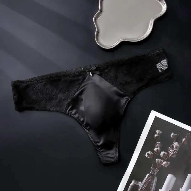 Men's Thong Underwear Made of 81.7% Polyester 18.3% Spandex Ice Silk Blend with Lace Trim and 3D Bulge Pouch Solid G String