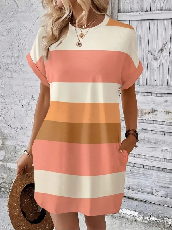 Vestido feminino listrado plus size casual solto manga curta vestido de verão com bolsos