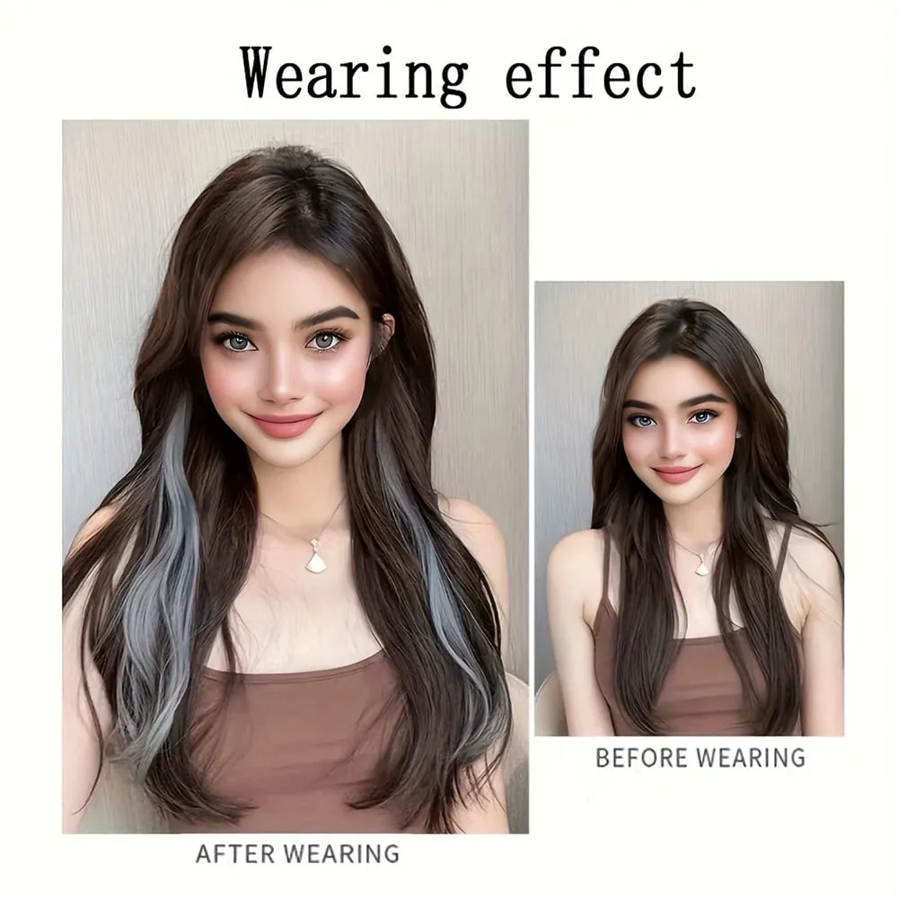 2Pcs Ear-Hanging Highlight Hair Coloring Strips Women's Long Hair One-Piece Colorful Hair Extensions Invisible Synthetic Wig