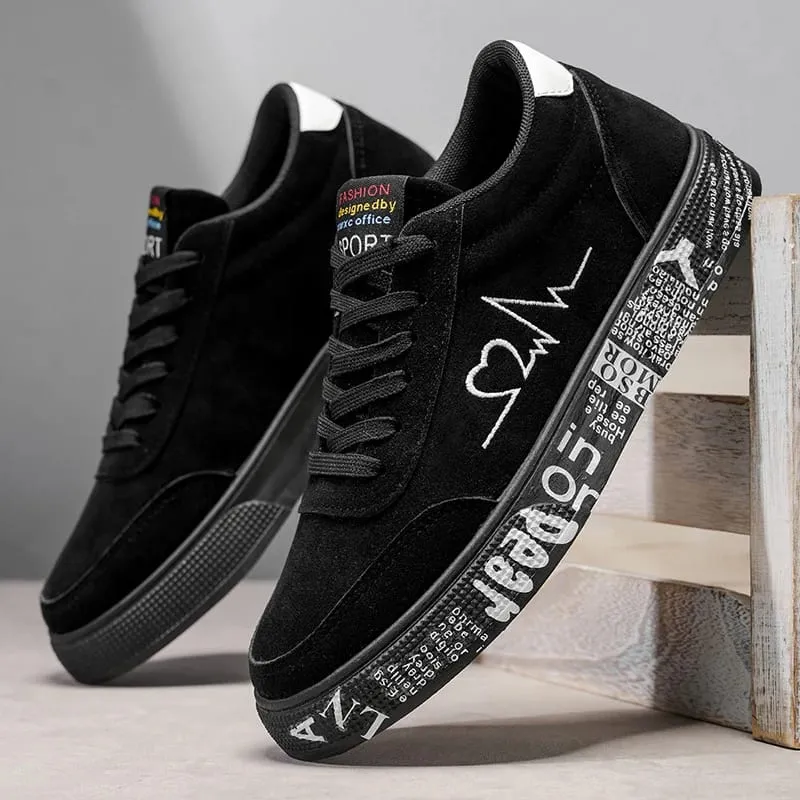 Men'S Black Suede Casual Sneakers With Red Heartbeat Embroidery Low Top Lace Up Skate Shoes Comfortable Versatile Footwear