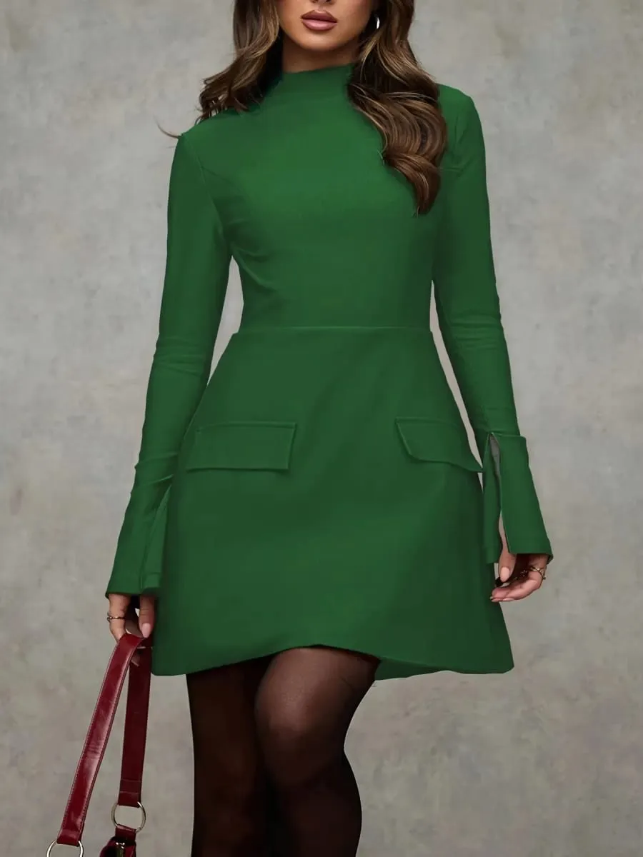 2026 Women Solid Mock Neck Split Flare Long Sleeve Mini Dress Pocket Design A‑Line Elegant Work Party Short Dress