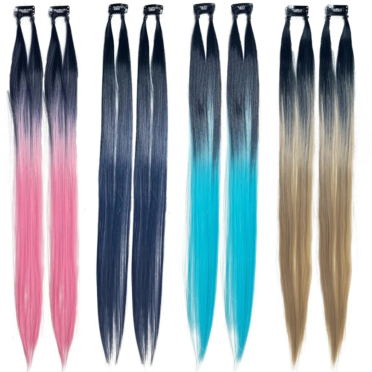 Clip‑in Hair Extensions Long Straight Ombre Synthetic Hair Pieces 2Pcs/Set Fashion Highlight Hair For Women Hair Accessories