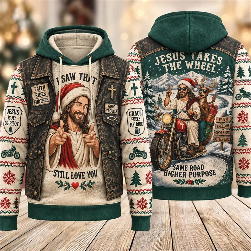 Funny Jesus Christmas Biker Hoodie 3D Graphic Motorcycle Rider Vintage Holiday Pullover Winter Streetwear Party Casual Gift