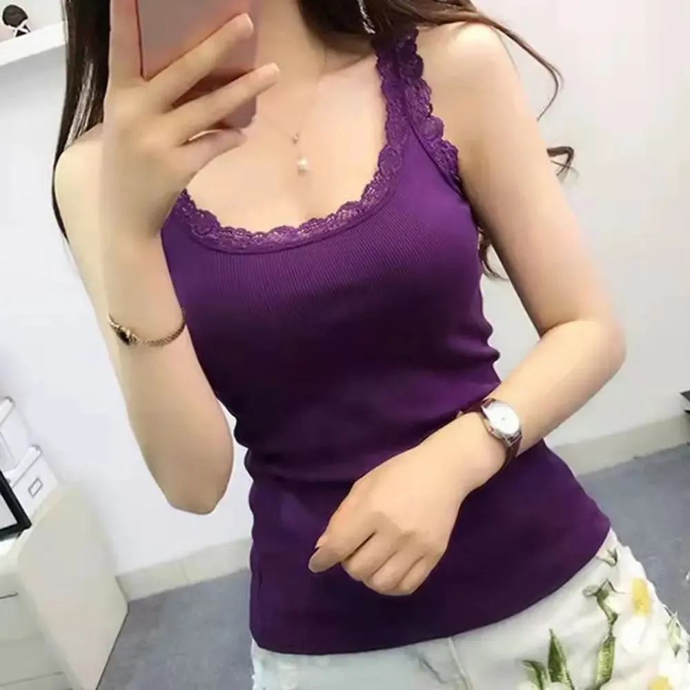 Casual U Neck Summer Tank Tops Slim Underwear Fitted Tops Camisoles Sleeveless Lace Top for Women