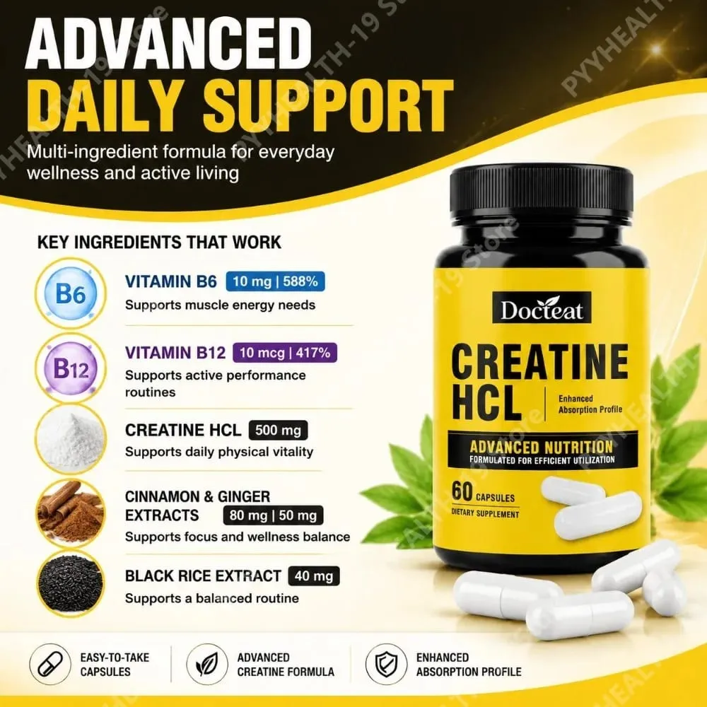 Docteat Creatine HCL Capsules with Vitamin B6 B12 & Cinnamon for Muscle Energy & Performance Support Adults 60 Capsules