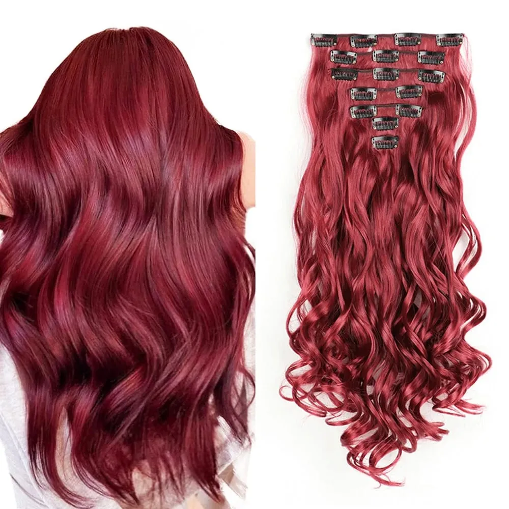 Synthetic 24Inch 16Clips Long Curly Hair Extension Heat Resistant Hair Extension Clips In Ombre Black Brown Blond Women