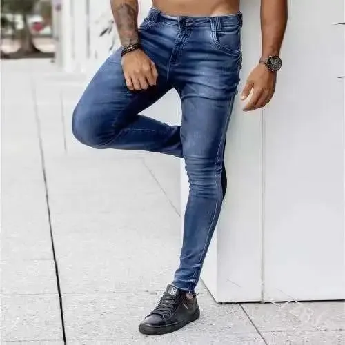 Men High Waist Skinny Jeans Stretch Pencil Pants Solid Color Ins Trendy Street Slim Fit Denim Trousers Male Casual Pants
