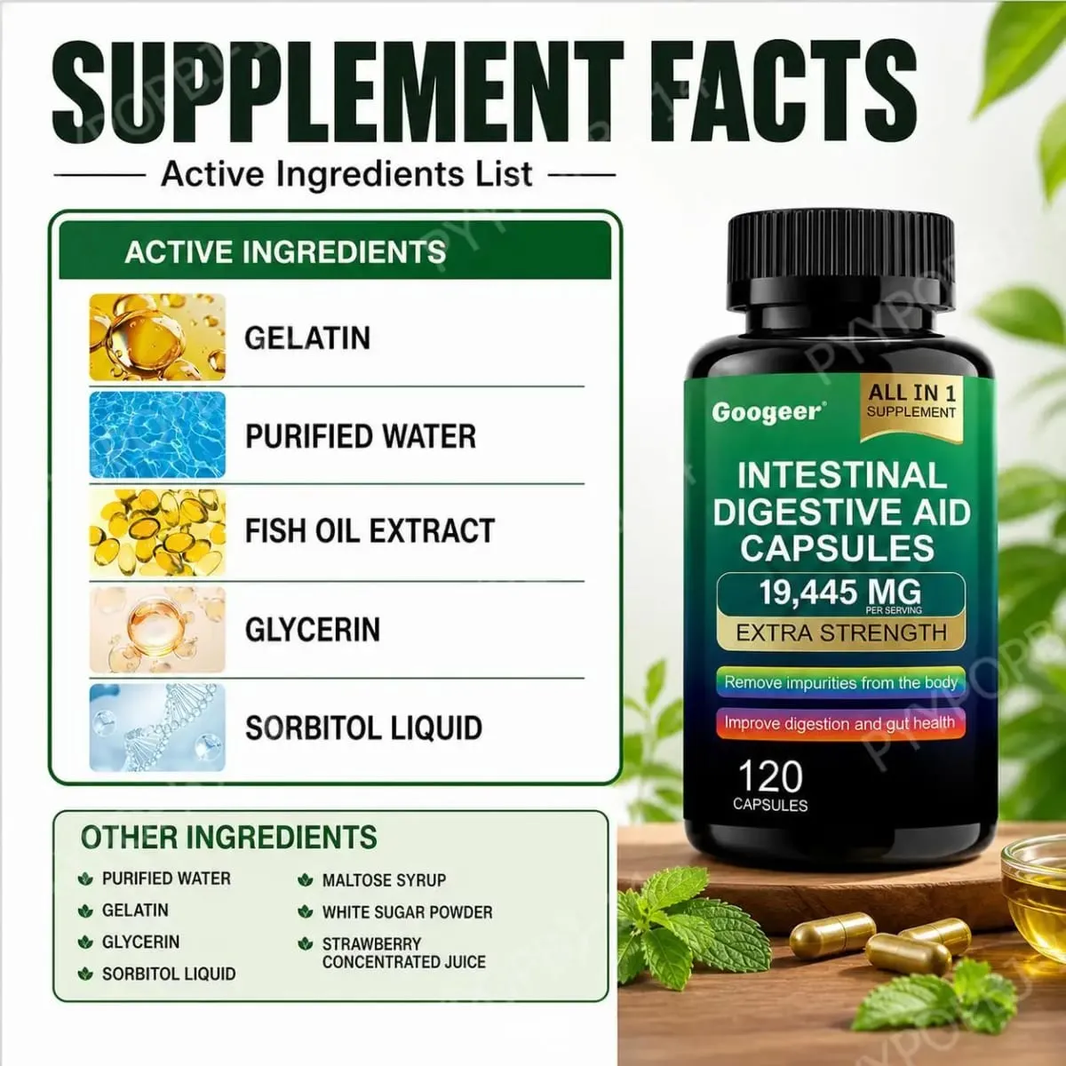 Googeer Intestinal Digestive Aid Capsules Fish Oil Extract Supports Digestion and Gut Health Supports Immunity 120 Capsules