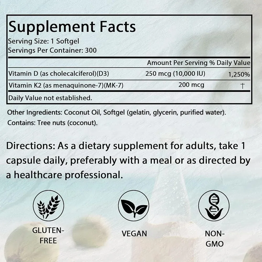 180/300 Vitamin D3 K2 Softgel Supplement with Coconut Oil - 2-in-1 Vitamins D & K Complex | Extra Strength Easy to Swallow