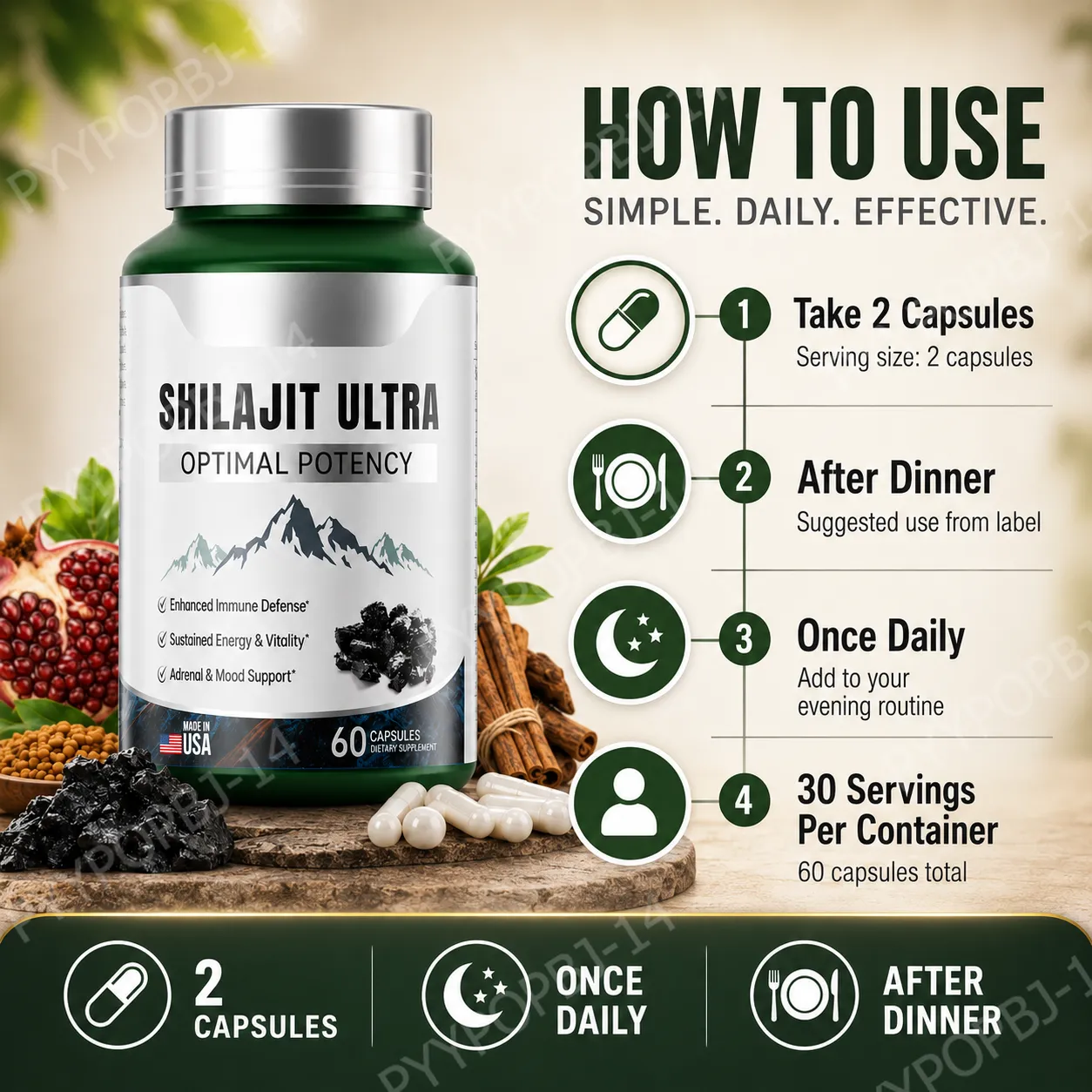 Suplemen Mineral Alami Shilajit Herbal dengan Asam Fulvat 60 Kapsul Formula Keseimbangan Vitalitas Kesehatan Harian untuk Kesehatan Pria