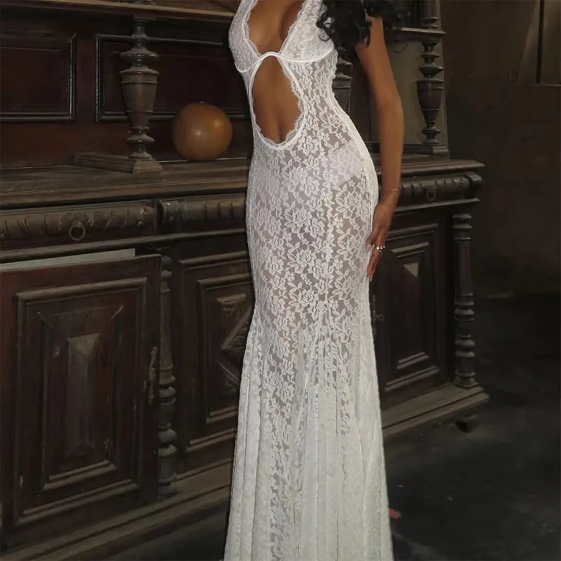 Women Sexy V-neck Satin Sling Maxi Dresses Chic White Lace Patchwork Sleeveless Backless Slim Gowns Summer Evening Party Dress